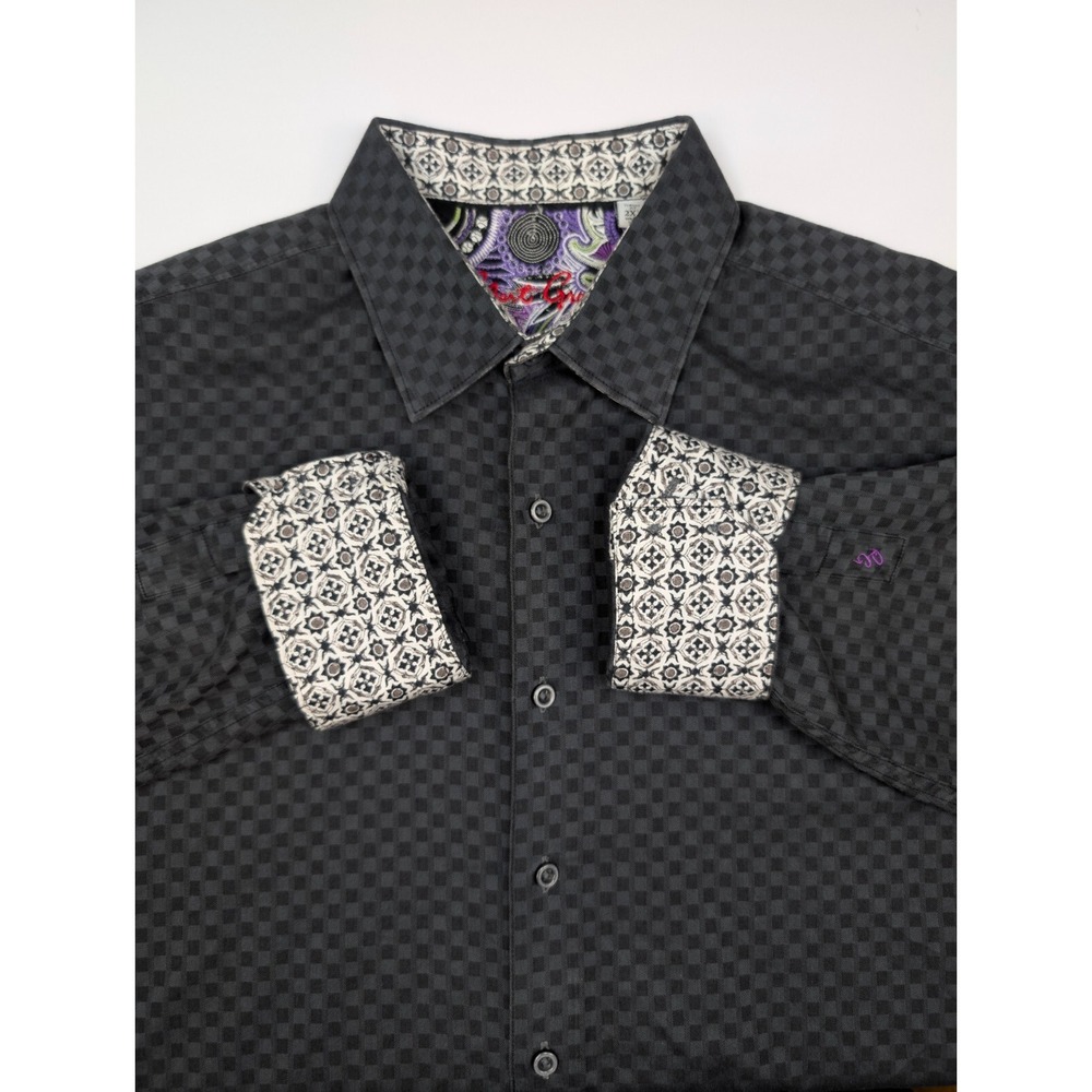 Robert Graham Button Shirt Mens 2XL Black Checkered Print Contrast Flip Cuff